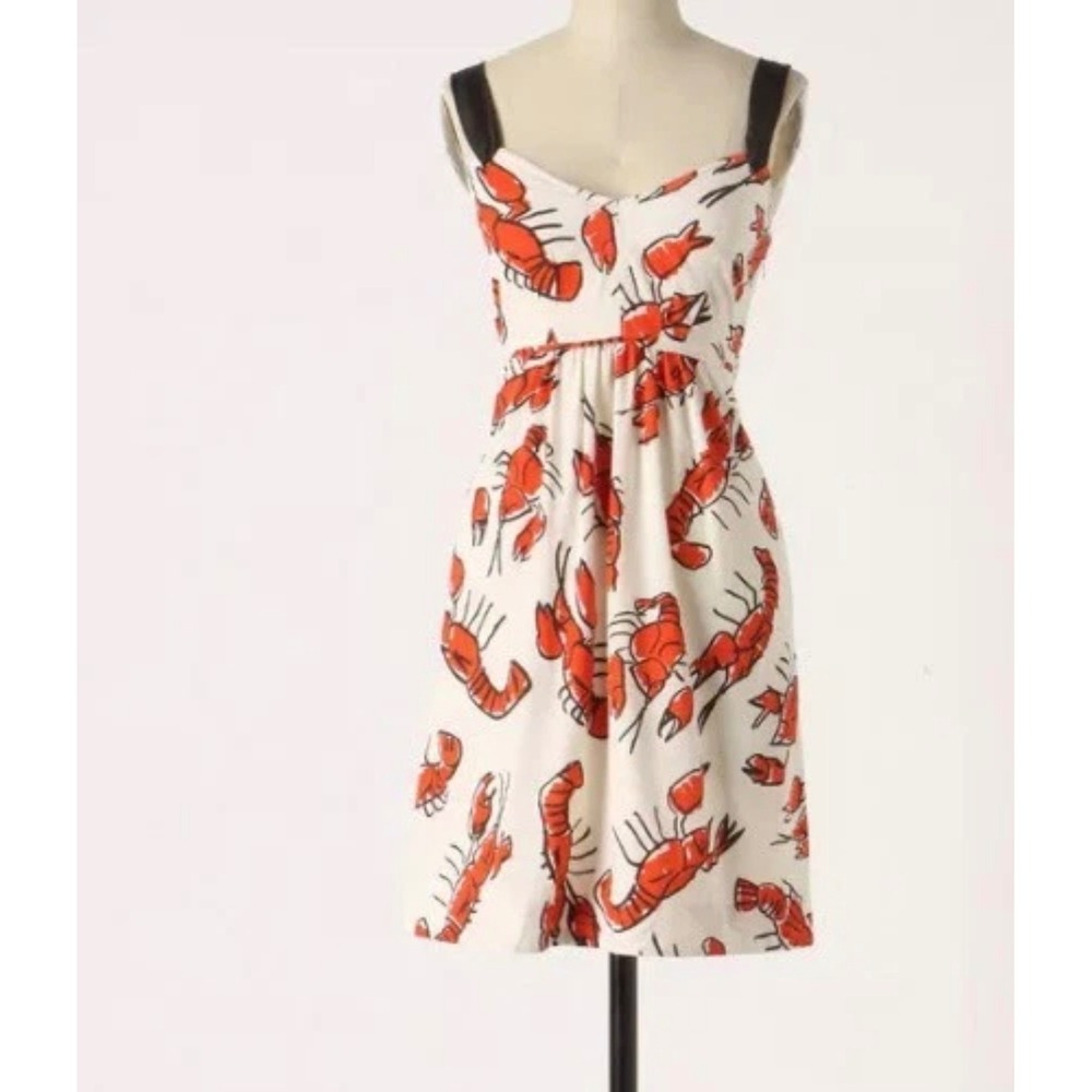 Edme & Esyllte Anthropologie Lobster Print Cotton Dress Cream Red Sz 4 Pockets